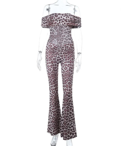 Sultry Leopard Print Off-Shoulder Flare Jumpsuit - Fall Party & Holiday Glam