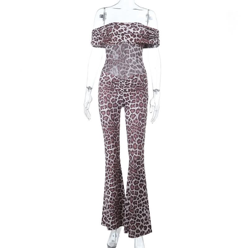 Sultry Leopard Print Off-Shoulder Flare Jumpsuit - Fall Party & Holiday Glam