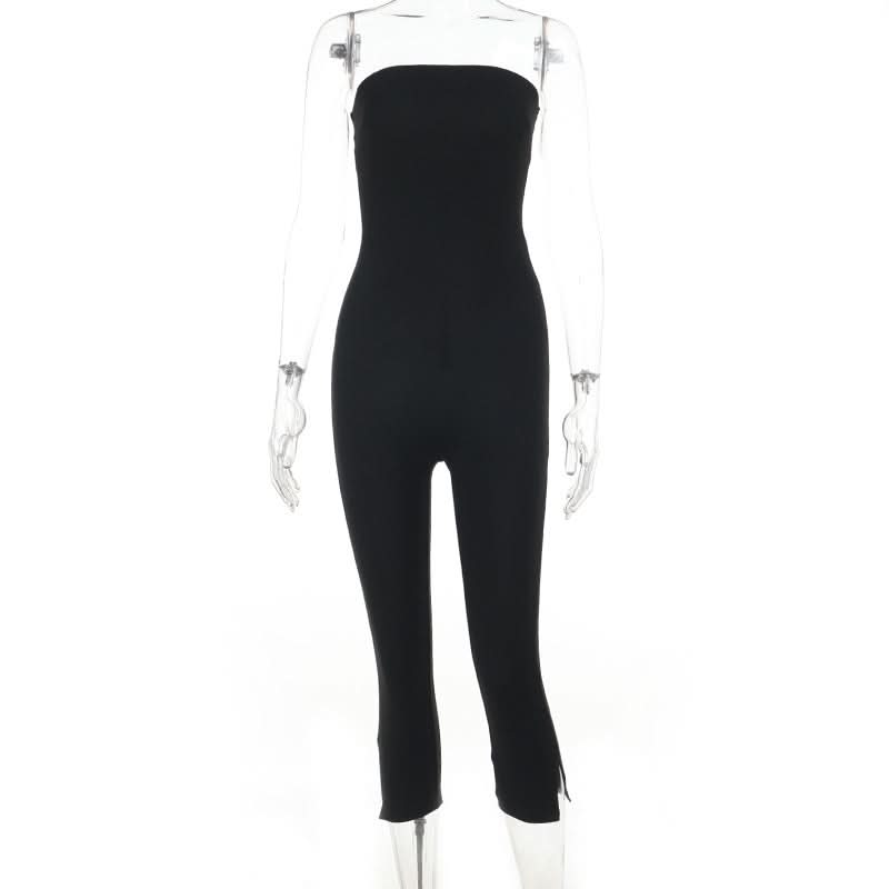 Sleek & Chic Black Strapless Bodycon Jumpsuit with Ankle Slits - Your Fall Event Essential!