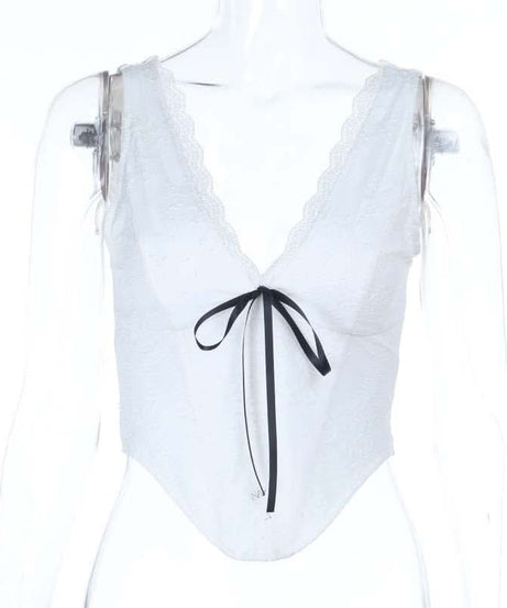 Chic Lace Corset Crop Top with Ribbon Tie - Perfect for Fall & Holiday Nights Out