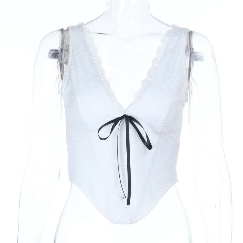 Chic Lace Corset Crop Top with Ribbon Tie - Perfect for Fall & Holiday Nights Out