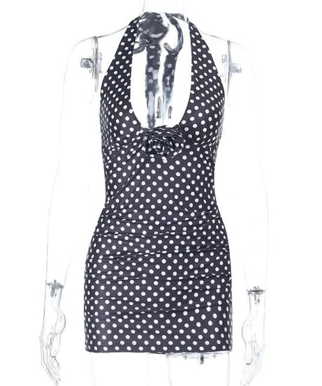 Vintage-Inspired Polka Dot Halter Mini Dress - Chic & Flattering for Fall Parties & Resort Getaways