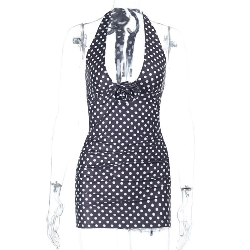 Vintage-Inspired Polka Dot Halter Mini Dress - Chic & Flattering for Fall Parties & Resort Getaways