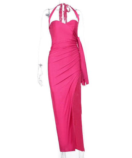 Stunning Hot Pink Halter Ruched Slit Maxi Dress - Your Go-To for Fall Galas & Holiday Parties