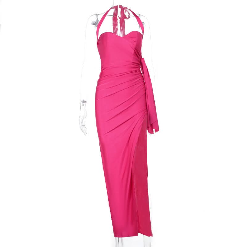 Stunning Hot Pink Halter Ruched Slit Maxi Dress - Your Go-To for Fall Galas & Holiday Parties