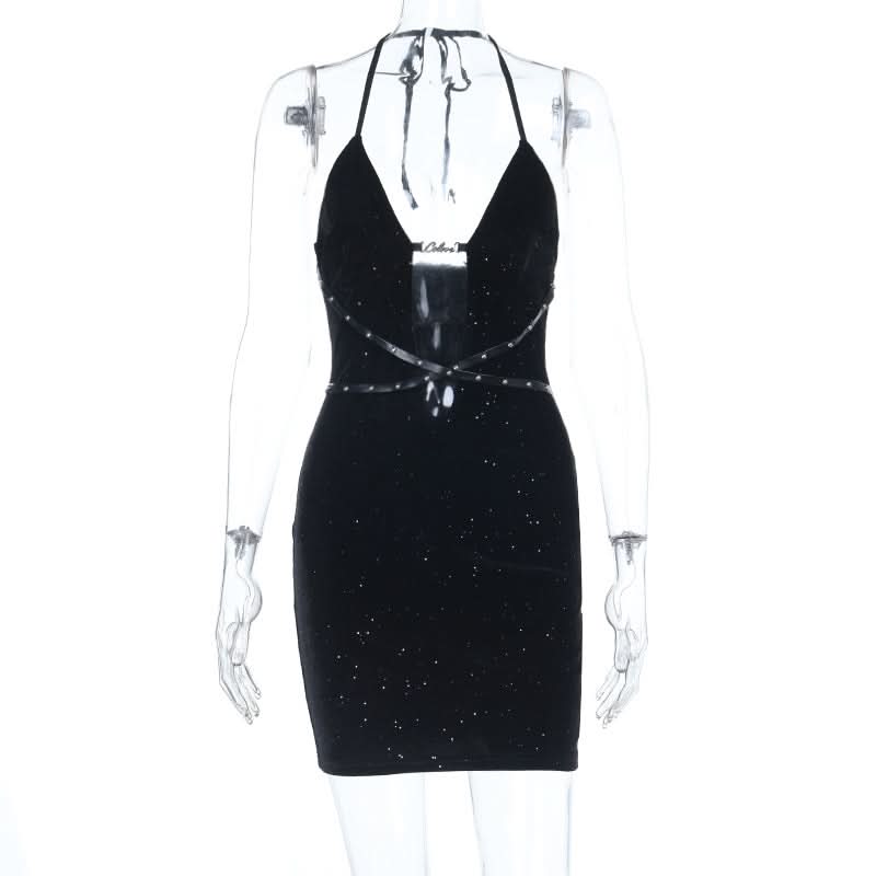 Starlight Velvet Halter Mini Dress with Strappy Cut-Out & Sparkle - Perfect for Fall Parties & Halloween