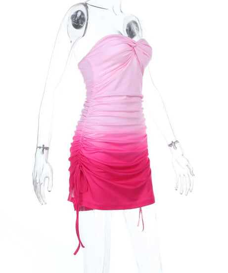 Flirty Pink Ombre Strapless Ruched Mini Dress - Adjustable Bodycon for Fall Parties & Vacations