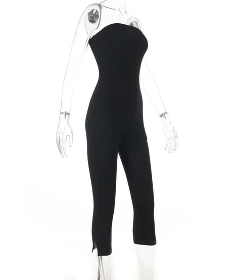 Sleek & Chic Black Strapless Bodycon Jumpsuit with Ankle Slits - Your Fall Event Essential!