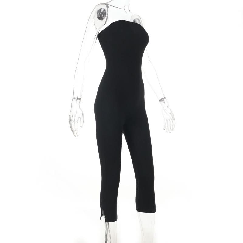 Sleek & Chic Black Strapless Bodycon Jumpsuit with Ankle Slits - Your Fall Event Essential!