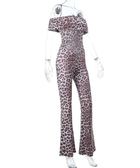 Sultry Leopard Print Off-Shoulder Flare Jumpsuit - Fall Party & Holiday Glam