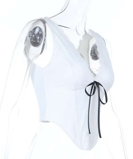 Chic Lace Corset Crop Top with Ribbon Tie - Perfect for Fall & Holiday Nights Out