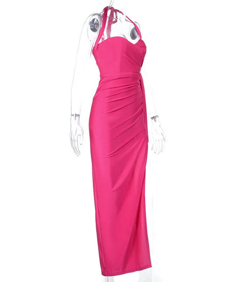 Stunning Hot Pink Halter Ruched Slit Maxi Dress - Your Go-To for Fall Galas & Holiday Parties