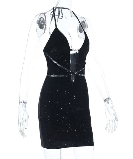 Starlight Velvet Halter Mini Dress with Strappy Cut-Out & Sparkle - Perfect for Fall Parties & Halloween