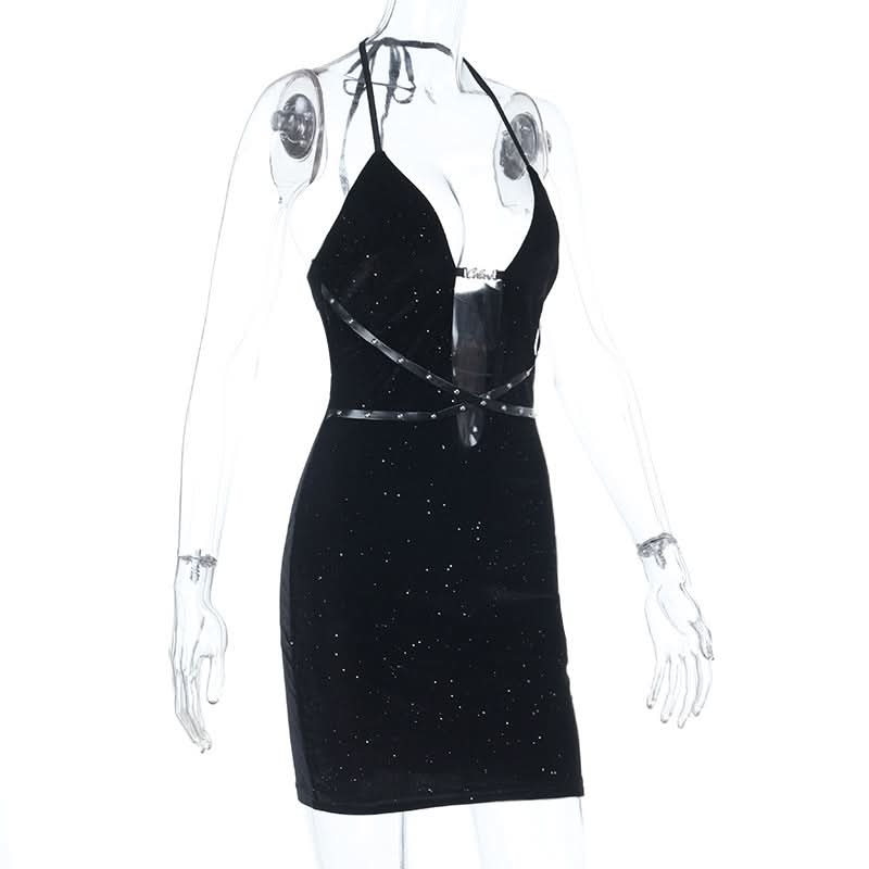 Starlight Velvet Halter Mini Dress with Strappy Cut-Out & Sparkle - Perfect for Fall Parties & Halloween
