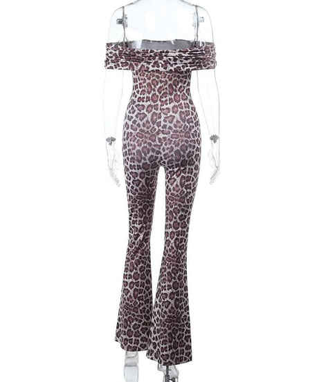 Sultry Leopard Print Off-Shoulder Flare Jumpsuit - Fall Party & Holiday Glam