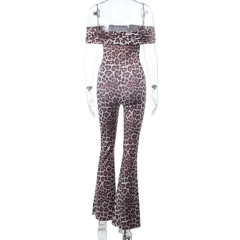 Sultry Leopard Print Off-Shoulder Flare Jumpsuit - Fall Party & Holiday Glam