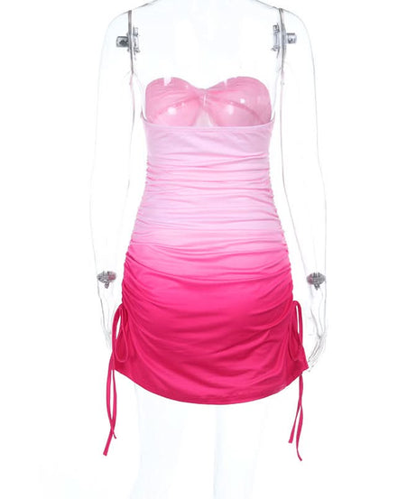 Flirty Pink Ombre Strapless Ruched Mini Dress - Adjustable Bodycon for Fall Parties & Vacations
