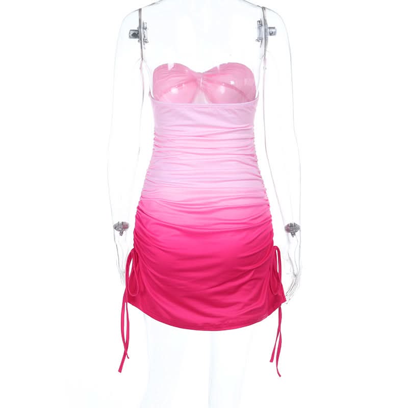 Flirty Pink Ombre Strapless Ruched Mini Dress - Adjustable Bodycon for Fall Parties & Vacations