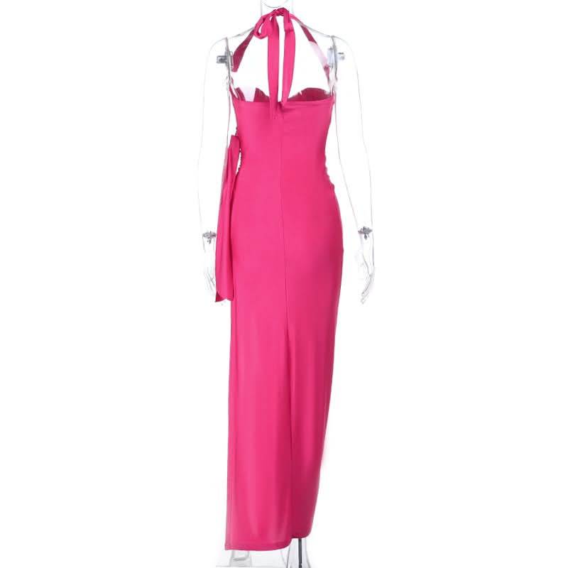 Stunning Hot Pink Halter Ruched Slit Maxi Dress - Your Go-To for Fall Galas & Holiday Parties