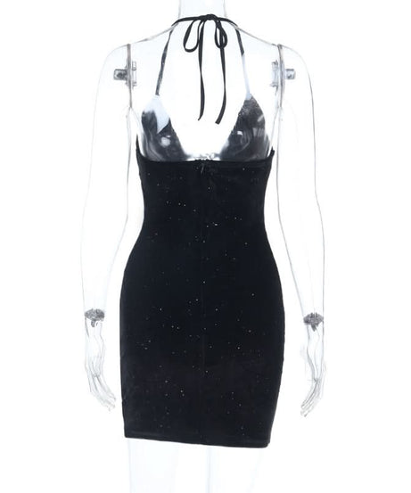 Starlight Velvet Halter Mini Dress with Strappy Cut-Out & Sparkle - Perfect for Fall Parties & Halloween