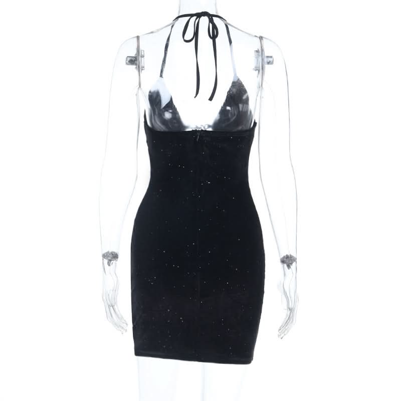 Starlight Velvet Halter Mini Dress with Strappy Cut-Out & Sparkle - Perfect for Fall Parties & Halloween