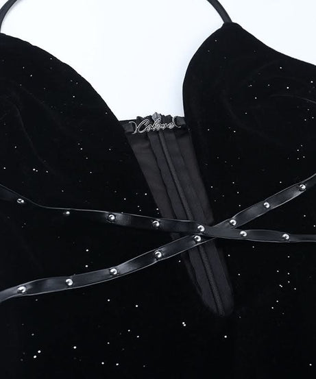 Starlight Velvet Halter Mini Dress with Strappy Cut-Out & Sparkle - Perfect for Fall Parties & Halloween