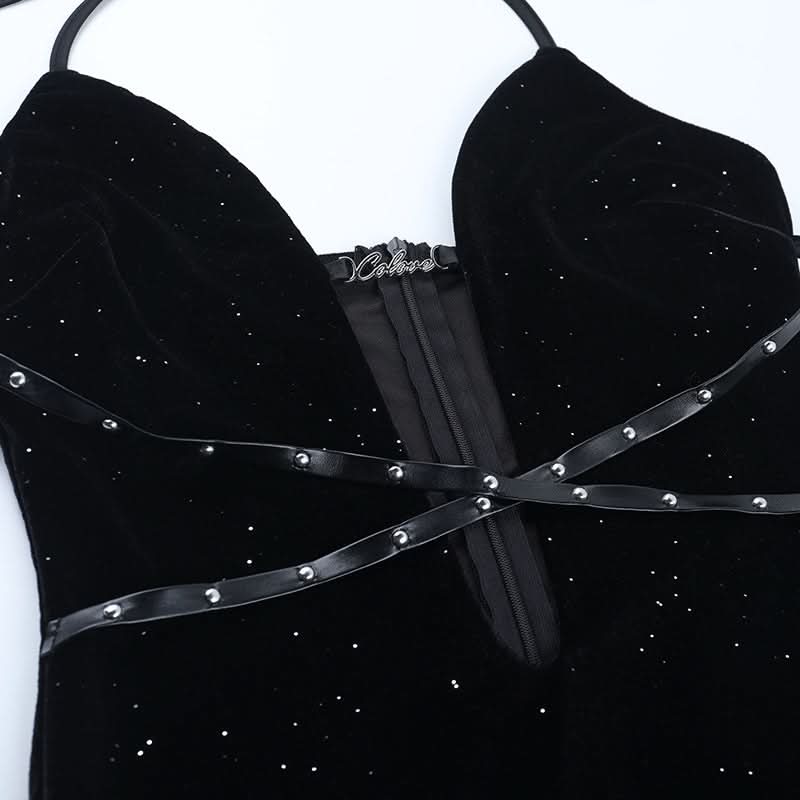 Starlight Velvet Halter Mini Dress with Strappy Cut-Out & Sparkle - Perfect for Fall Parties & Halloween