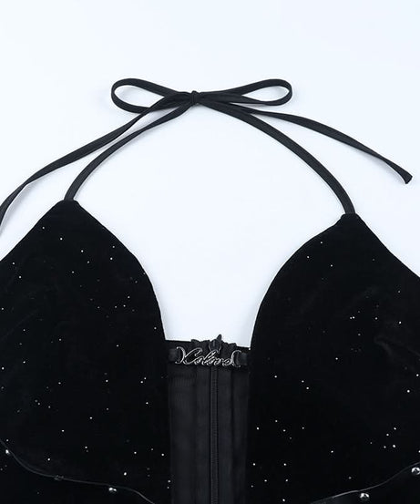 Starlight Velvet Halter Mini Dress with Strappy Cut-Out & Sparkle - Perfect for Fall Parties & Halloween