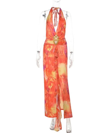 Sunset Serenity Halter Maxi Dress - Vibrant Tie-Dye with Slit for Resort & Holiday Getaways