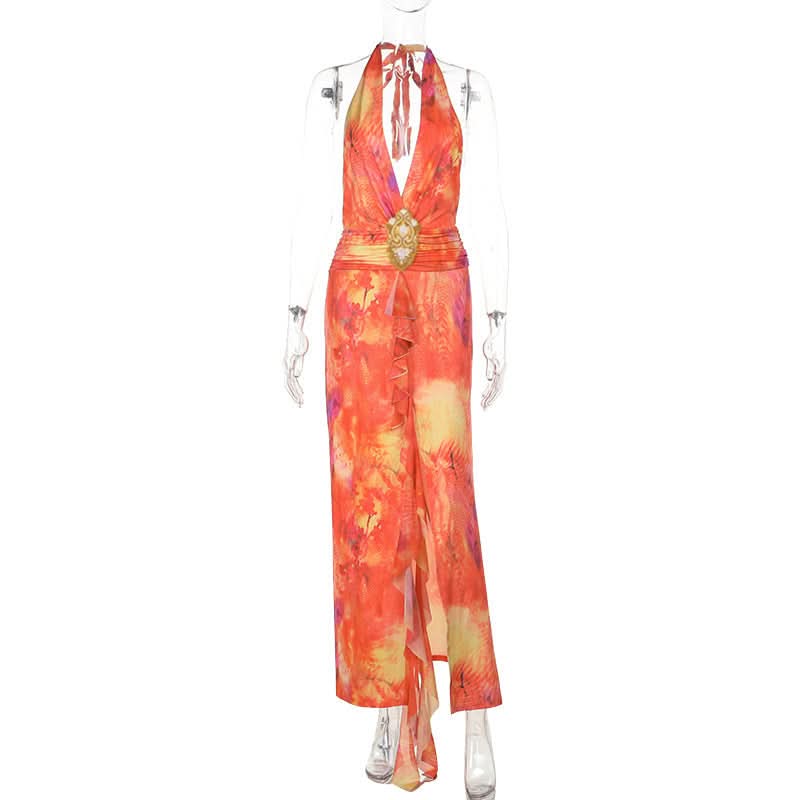 Sunset Serenity Halter Maxi Dress - Vibrant Tie-Dye with Slit for Resort & Holiday Getaways