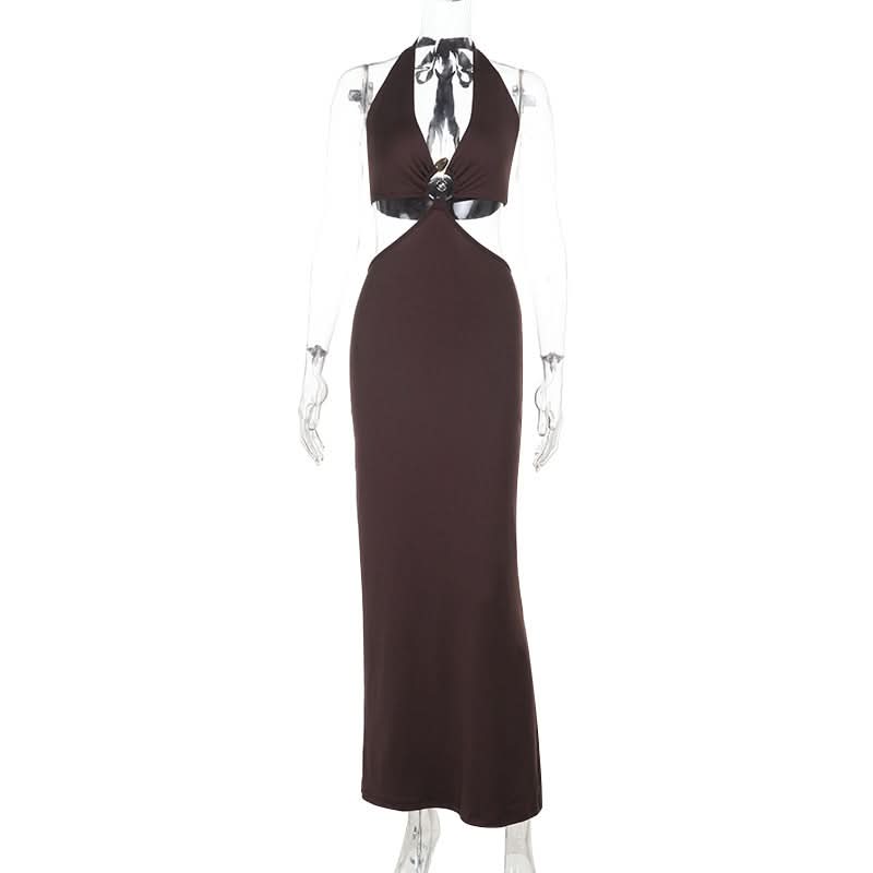 Autumn Elegance: Halter Cut-Out Maxi Dress in Rich Chocolate Brown | Fall Evening & Holiday Ready