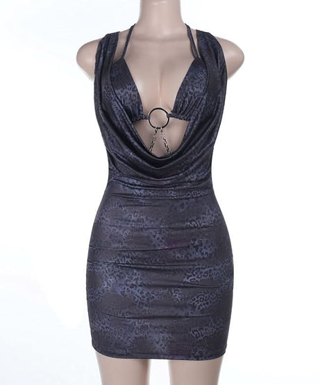 Sultry O-Ring Chain Plunge Mini Dress | Dark Leopard Bodycon for Fall & Holiday Nights Out