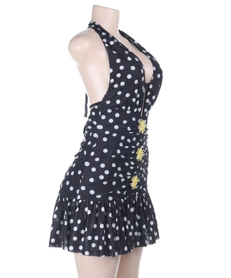 Retro Chic Polka Dot Halter Mini Dress: Flirty Ruched Style with Daisy Accents
