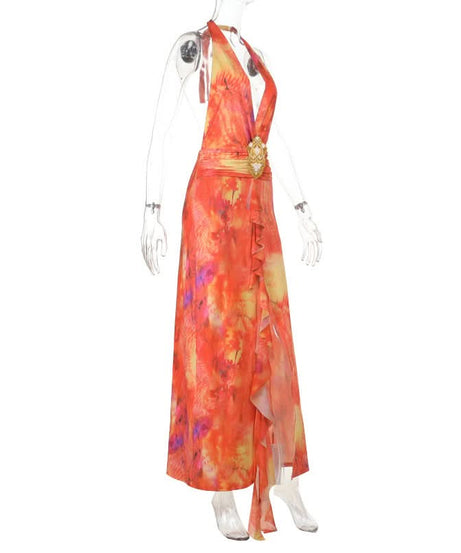 Sunset Serenity Halter Maxi Dress - Vibrant Tie-Dye with Slit for Resort & Holiday Getaways