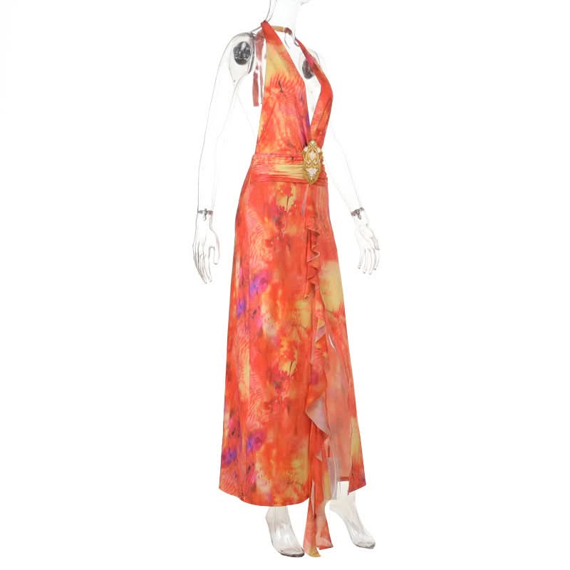 Sunset Serenity Halter Maxi Dress - Vibrant Tie-Dye with Slit for Resort & Holiday Getaways