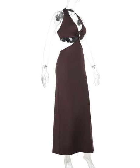 Autumn Elegance: Halter Cut-Out Maxi Dress in Rich Chocolate Brown | Fall Evening & Holiday Ready