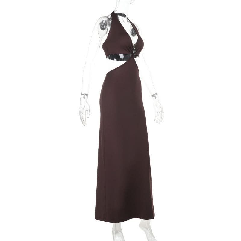 Autumn Elegance: Halter Cut-Out Maxi Dress in Rich Chocolate Brown | Fall Evening & Holiday Ready