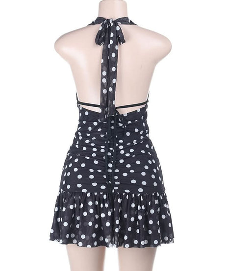 Retro Chic Polka Dot Halter Mini Dress: Flirty Ruched Style with Daisy Accents