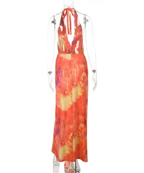 Sunset Serenity Halter Maxi Dress - Vibrant Tie-Dye with Slit for Resort & Holiday Getaways