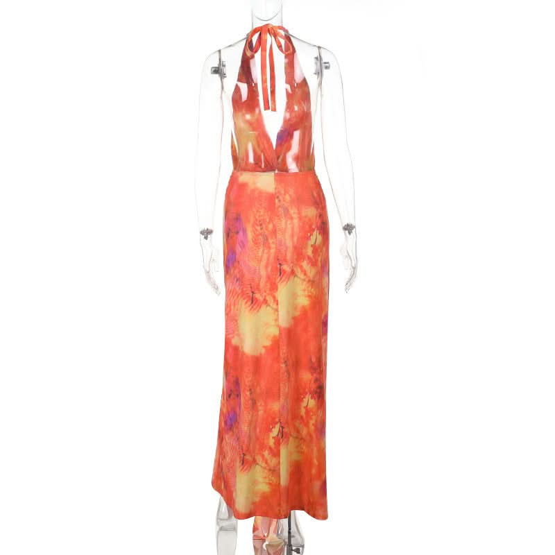 Sunset Serenity Halter Maxi Dress - Vibrant Tie-Dye with Slit for Resort & Holiday Getaways