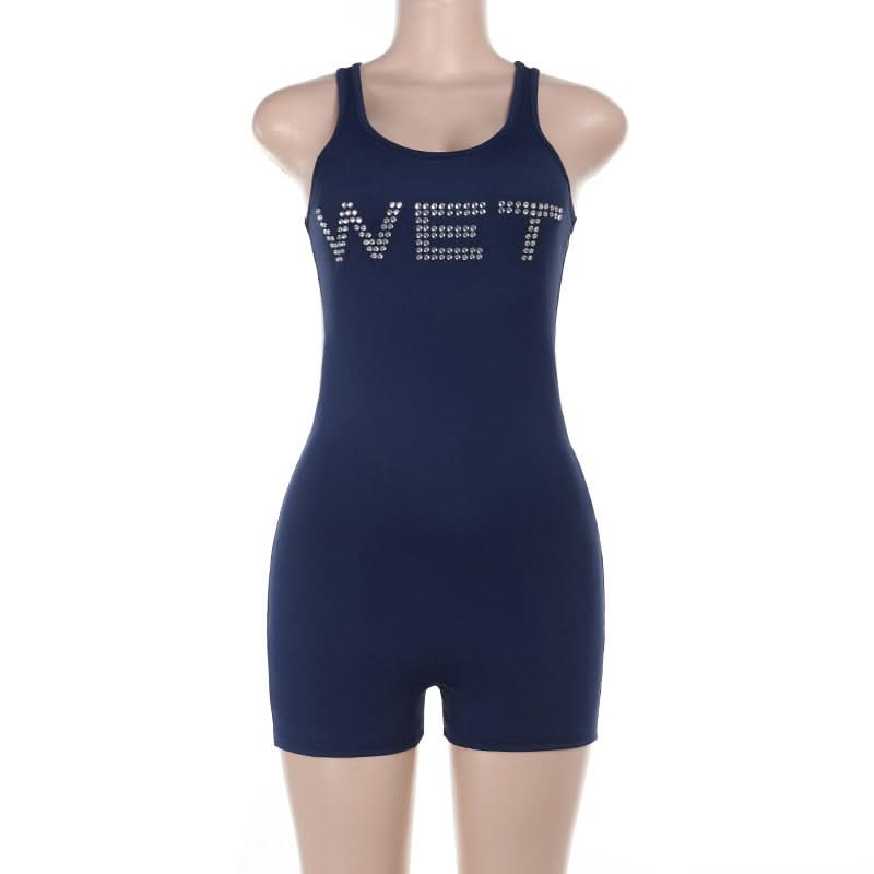 Unleash Your Vibe: 'WET' Rhinestone Bodycon Tank Romper – Bold Party & Getaway Style