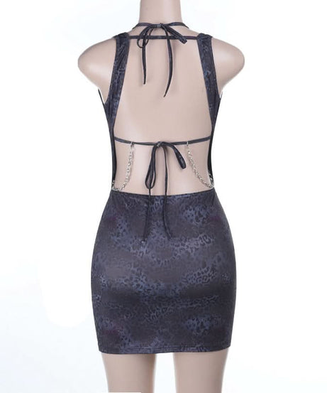 Sultry O-Ring Chain Plunge Mini Dress | Dark Leopard Bodycon for Fall & Holiday Nights Out