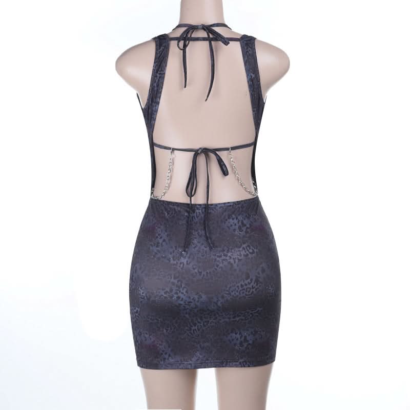 Sultry O-Ring Chain Plunge Mini Dress | Dark Leopard Bodycon for Fall & Holiday Nights Out