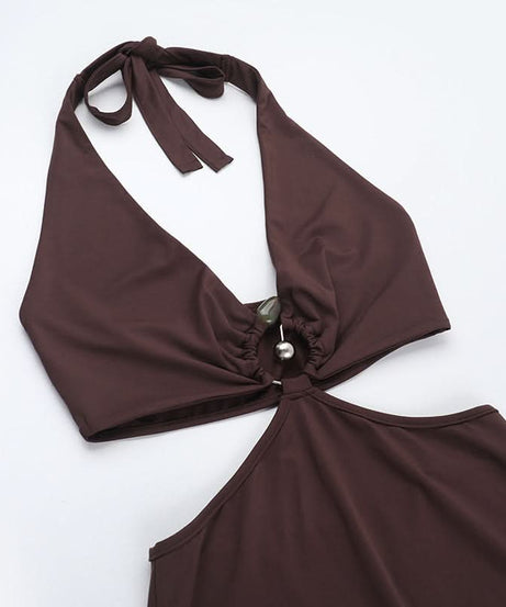 Autumn Elegance: Halter Cut-Out Maxi Dress in Rich Chocolate Brown | Fall Evening & Holiday Ready
