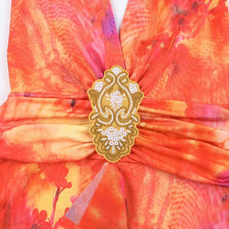 Sunset Serenity Halter Maxi Dress - Vibrant Tie-Dye with Slit for Resort & Holiday Getaways