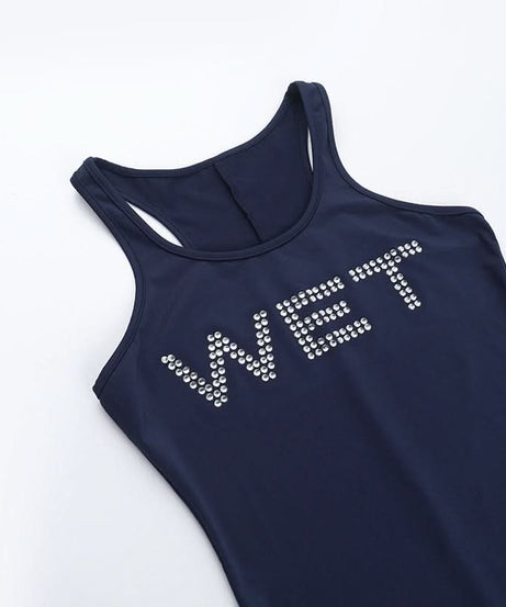 Unleash Your Vibe: 'WET' Rhinestone Bodycon Tank Romper – Bold Party & Getaway Style