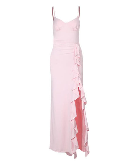 Elegant Blush Pink Ruffle Slit Maxi Dress - Sweetheart Cami Gown for Holiday Parties & Galas