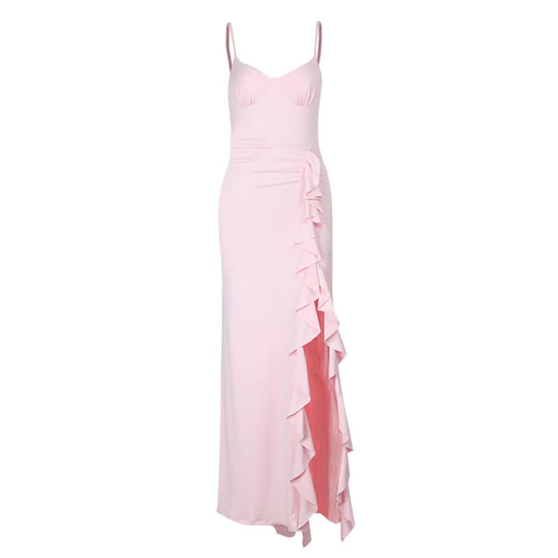 Elegant Blush Pink Ruffle Slit Maxi Dress - Sweetheart Cami Gown for Holiday Parties & Galas