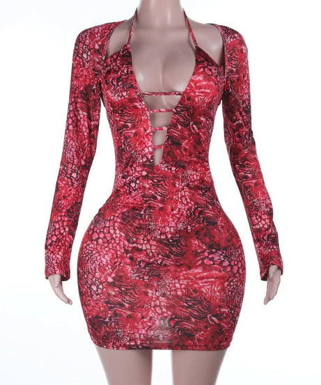 Sizzling Red Animal Print Mini Dress | Daring Deep V Lace-Up & Long Sleeve Cut Out for Fall Parties