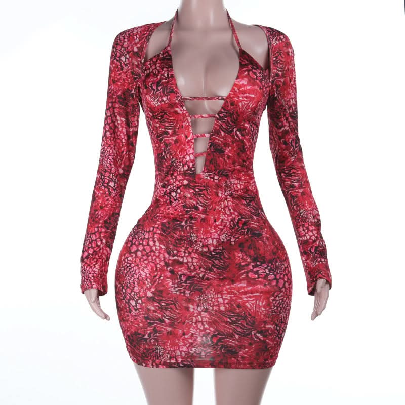 Sizzling Red Animal Print Mini Dress | Daring Deep V Lace-Up & Long Sleeve Cut Out for Fall Parties